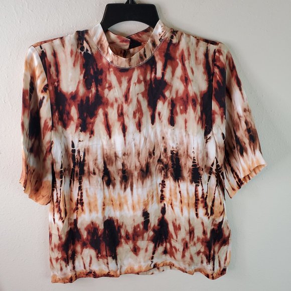 Nanushka Tops - Nanushka Womens Brown Kaden Tie Dye Mock Neck Short Sleeve Top